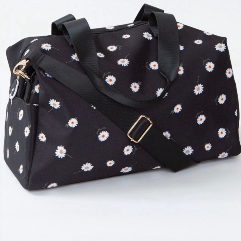 Alice + Olivia Weekender Travel Duffel Bag Daisy Print Floral Black Gym Bag New